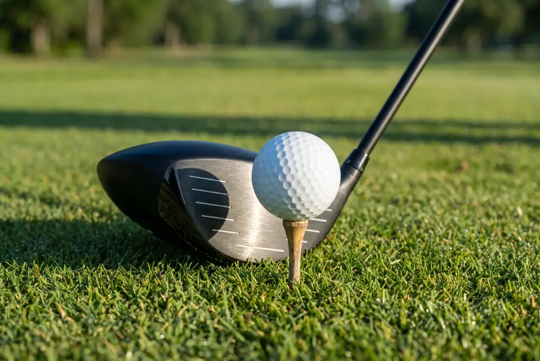 A driver sitting behind a ball on a tee, photographed from grass level so the angled face of the club is clearly visible.