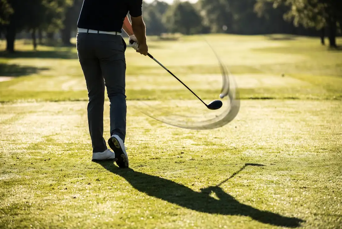 A golfer seen from behind along the target line, the swing blurred into a visible curved arc around the body.