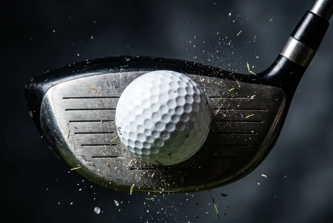 A macro photograph of a driver face at impact, the ball flattening against the middle of the face with grass suspended in the air.